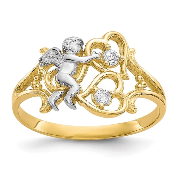 Diamond2Deal 10K Yellow Gold & Rhodium Cubic Zirconia Angel w/Hearts Ring for Women Size- 6