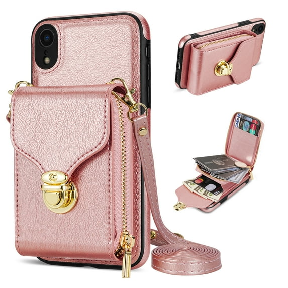 Nalacover Wallet Case for Apple iPhone XR,with Removable Adjustable Shoulder Strap,PU Leather Back Zipper Pocket Card Holder Stand Purse Shockproof Phone Case for Women Men,Rosegold