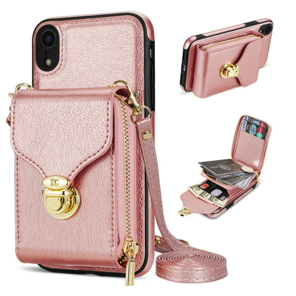 iPhone XR Luxury Leather Case with Card Holder for Women Phone Case Wallet with Strap Credit Card Slots Crossbody Strap with Kickstand Zipper Shockproof Case For iPhone XR,Rosegold