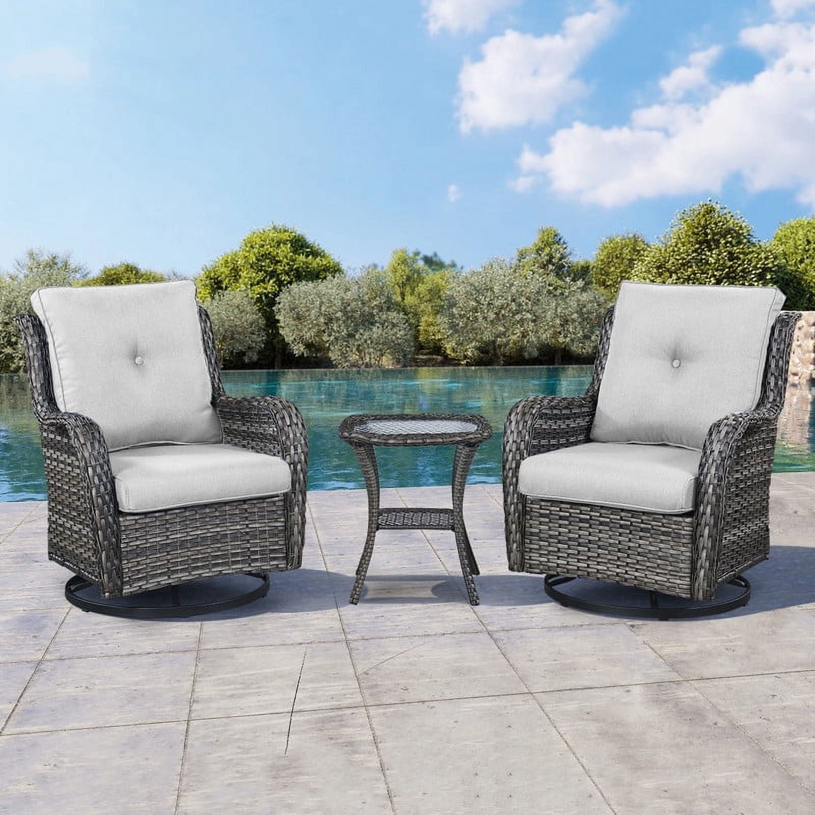 POCASSY 3 Piece Patio Set Outdoor Wicker Glider Rocking and Swivel Chairs with Side Table and Cushions - Patio Wicker Bistro Furniture Set, Gray Rattan & Beige Cushion