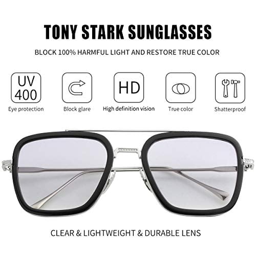 Tony Stark Polarized Sunglasses for Men Women Vintage Square Metal Frame Iron Man and Spider-Man Eyeglasses (Silver Frame Gradient Light Grey Lens - Iron Man Original Color) Kursan Kursan