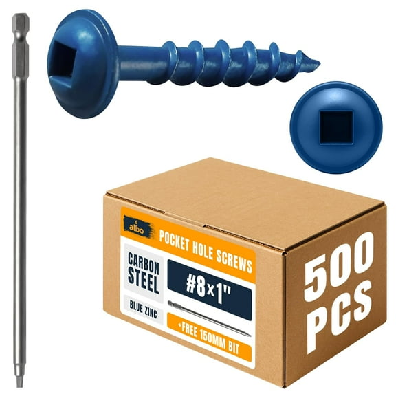 Albo Pocket Hole Screws #8 × 1" Set 500 PCS Blue Zinc Carbon Steel Self-Tapping Robertson Square Drive Washer Head Cabinet Wood Screws, Pocket Jig Fasteners Assortment, 6" (150 mm) Bit Included