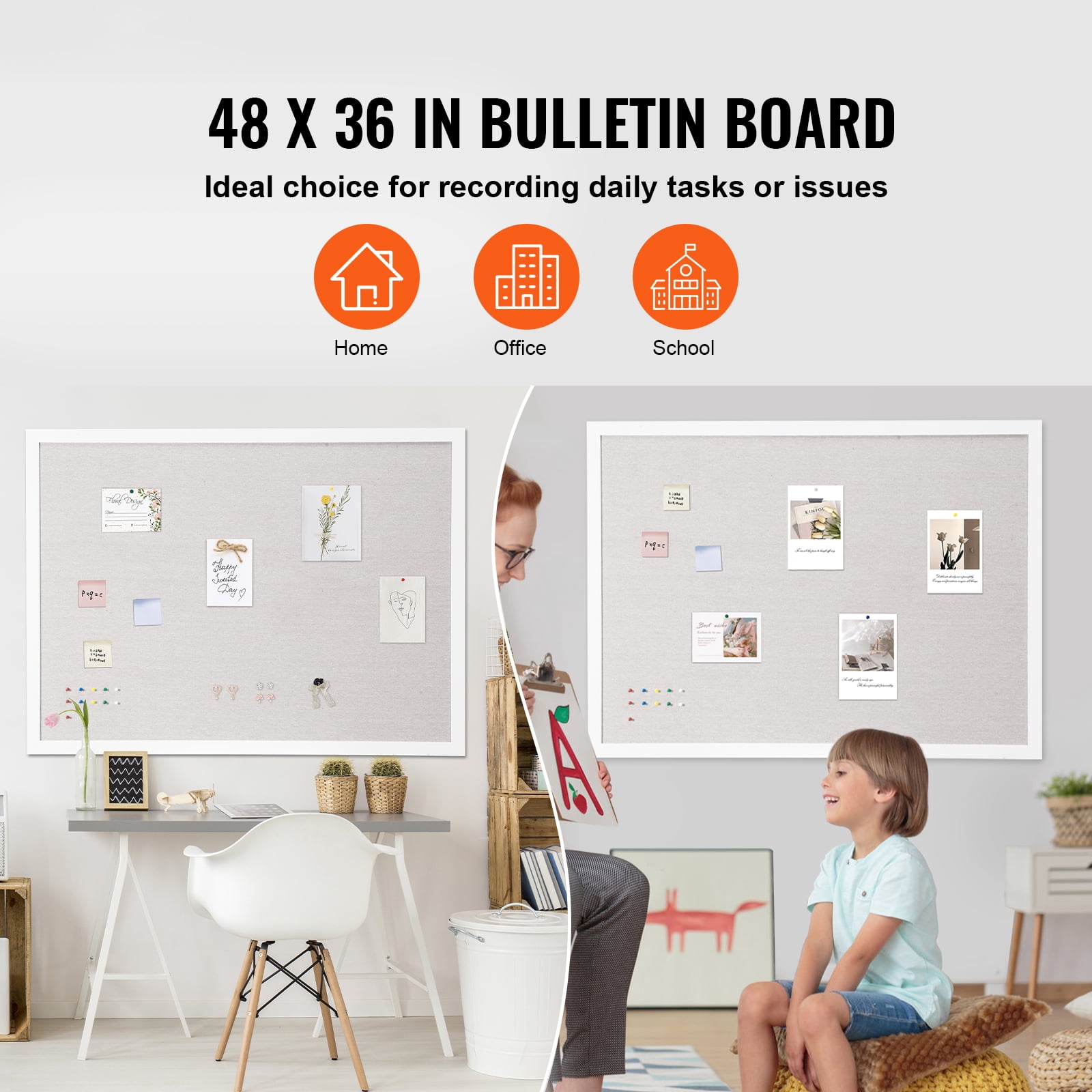 KFFKFF 48"x36" White Cork Board featuring Linen Surface - Chic Wall-Hanging Message Board for Home, School, Office - Sophisticated & Practical Information Display