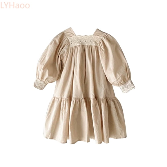 LYHaoo Baby Girls Long Sleeveless Solid Lace Spring Autumn Princess Dress Clothes,Girls Dresses for School Sizes 2-3 Years Beige