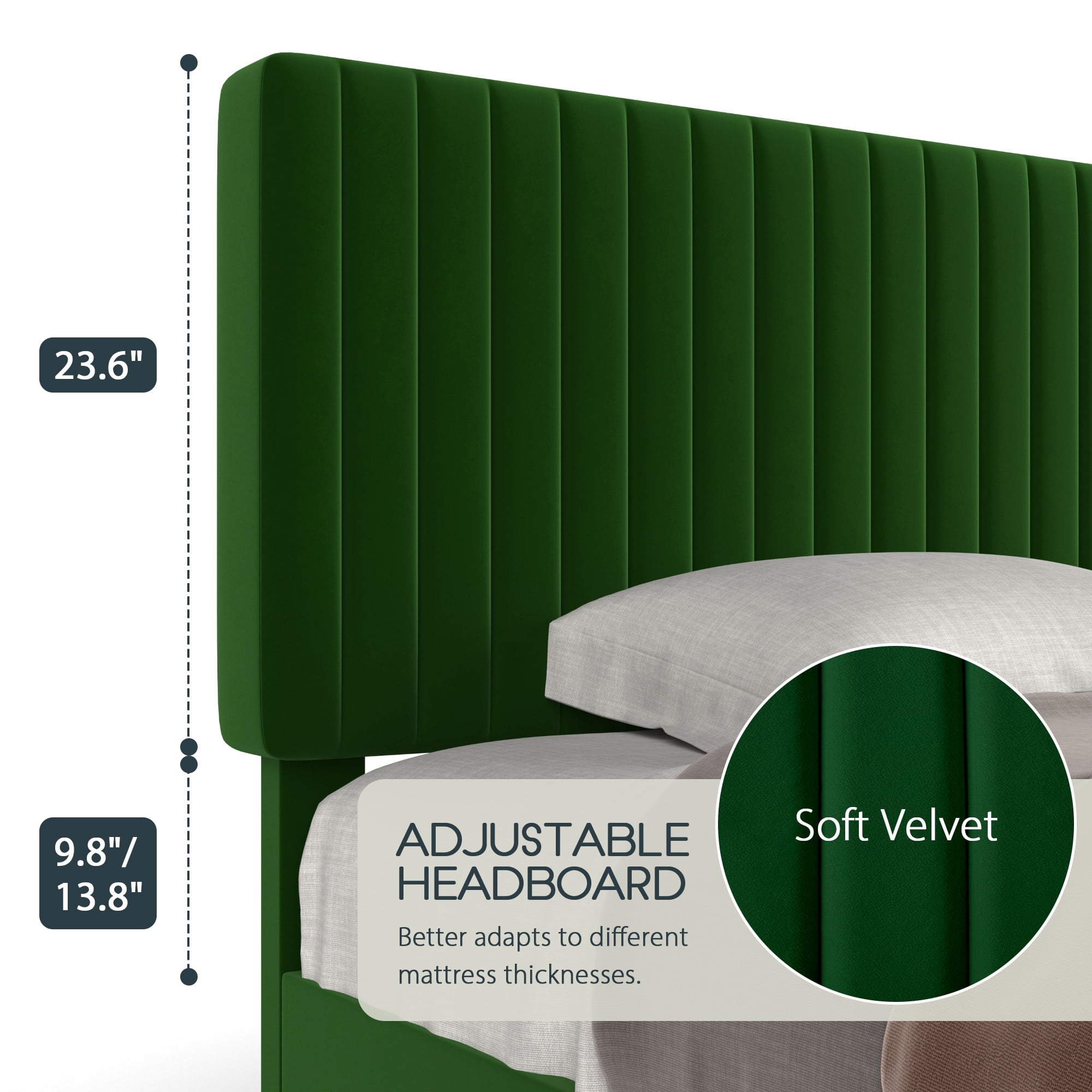 Einfach Queen Size Platform Bed Frame with Upholstered Adjustable Velvet Vertical Tufted Headboard, Green