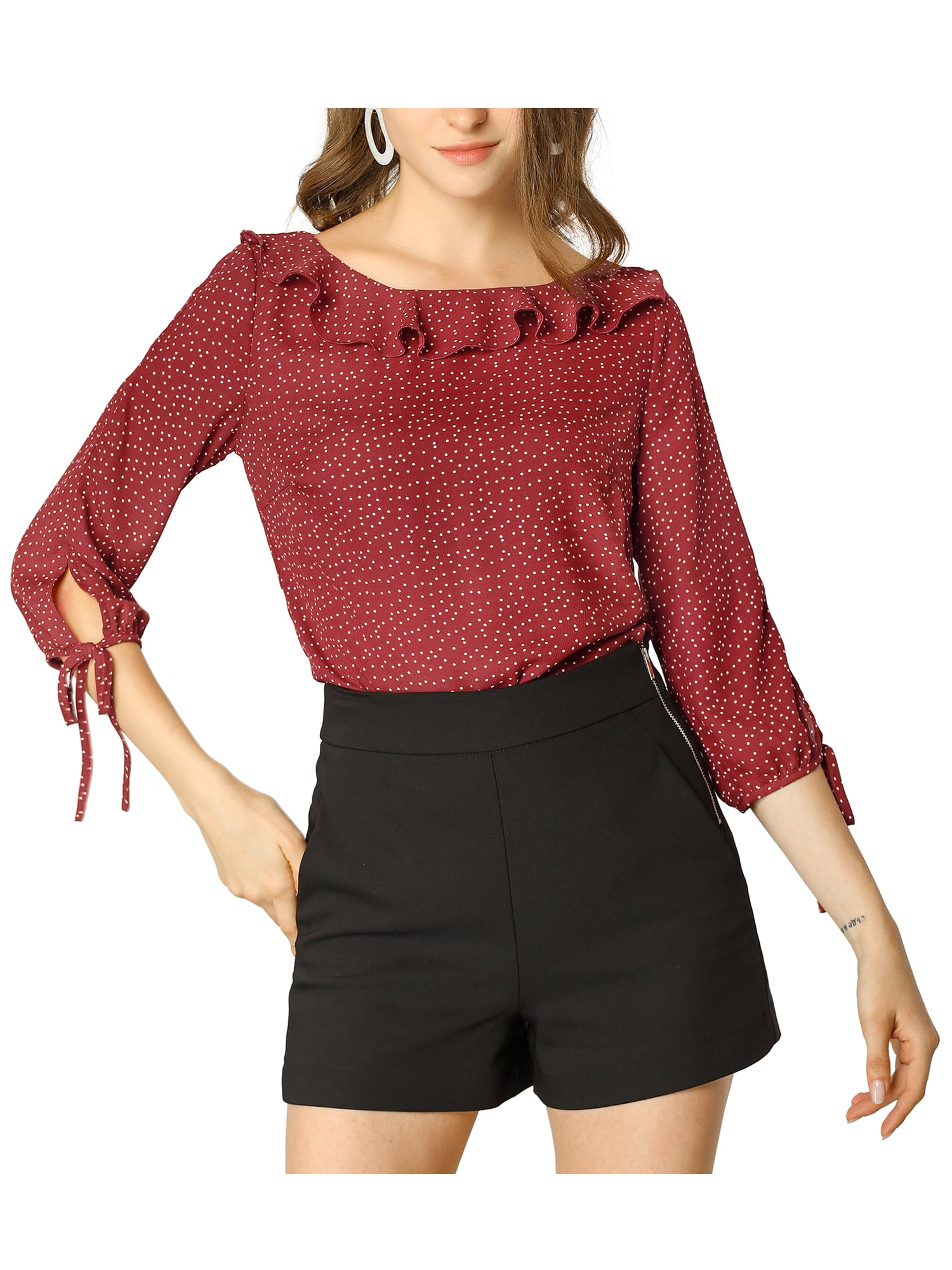DARING DIVA Polka Dots Ruffled Neck 3/4 Sleeve Blouse Top M Wine Red