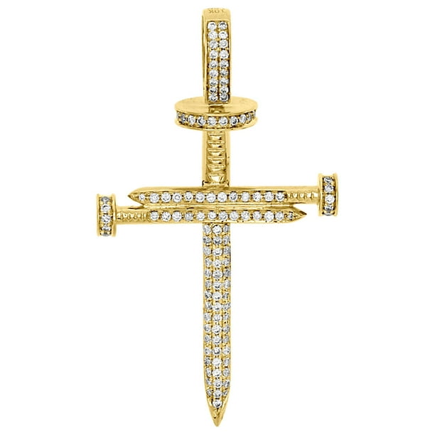 10K Yellow Gold Genuine Round Diamond Nail Cross Pendant Mens 2.25