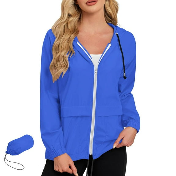 Rain Jacket Women Striped Lined Hooded Lightweight Raincoat Outdoor Waterproof Windbreaker