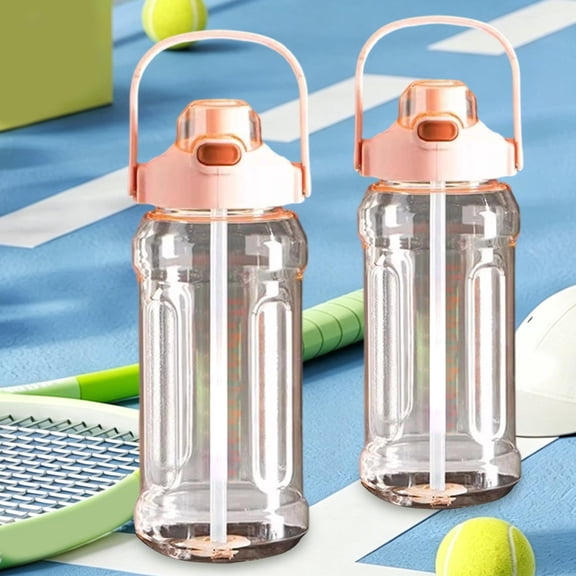 Large Sports Water Bottle with Straw and Time Marker, 64 oz / 50 oz Leakproof Plastic Gym Water Jug with Phone Stand Handle for Fitness and Daily Hydration