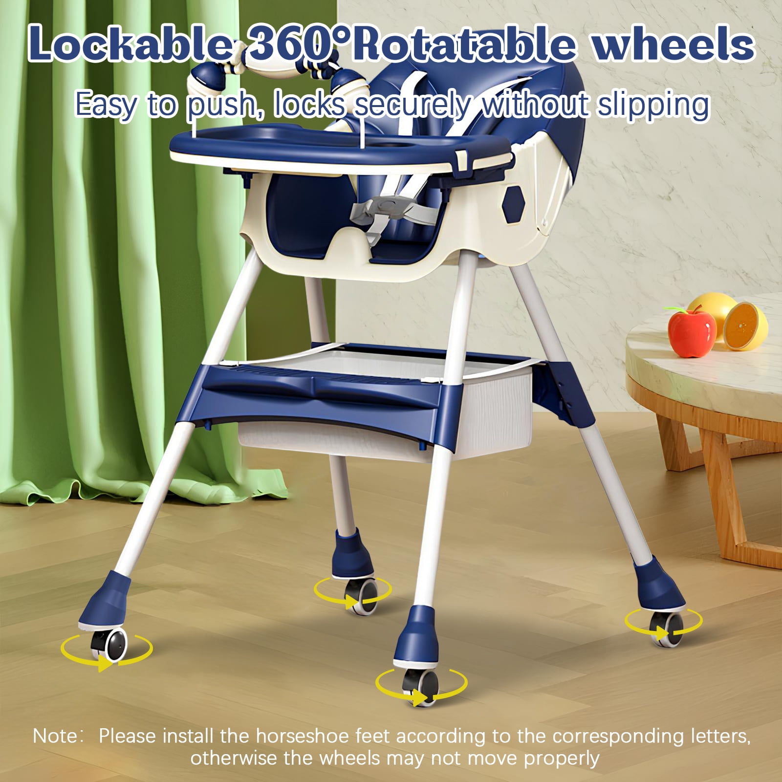 HAOUUCYIN 4-in-1 Baby High Chair, Portable Dining Chairs Eat & Play with Double-Layer Dinner Plate and Toy Rack, for 0-36 Months, Blue