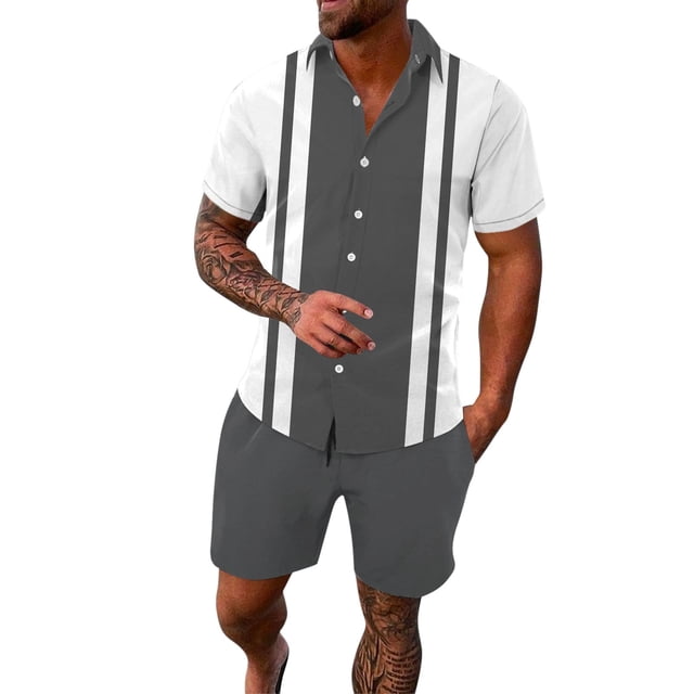 Conjuntos de 2 piezas Cagnkofi para hombre, chándales de verano, conjuntos a juego, camisetas y pantalones cortos de manga corta con botones y patchwork en bloques de color