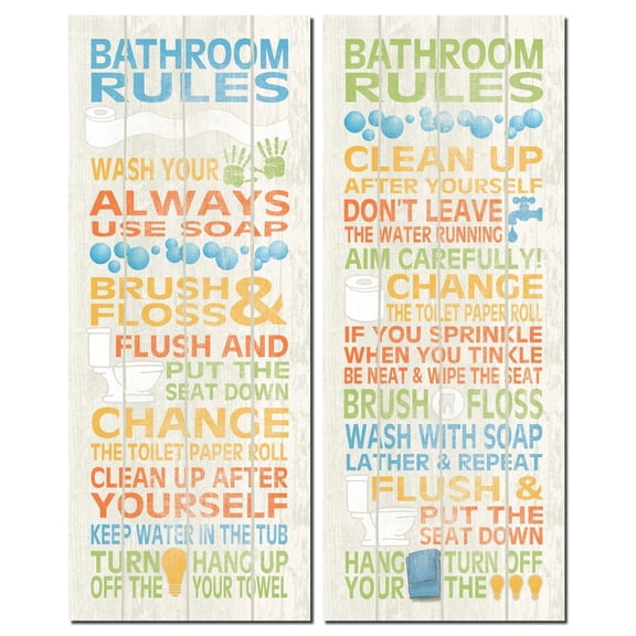 Multi-Color Children's Bathroom Rules Typography Set; 2 - 8" x 18" Unframed Posters