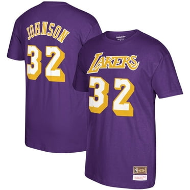 Men's Mitchell & Ness Magic Johnson Purple Los Angeles Lakers Hardwood Classics Name & Number T-Shirt