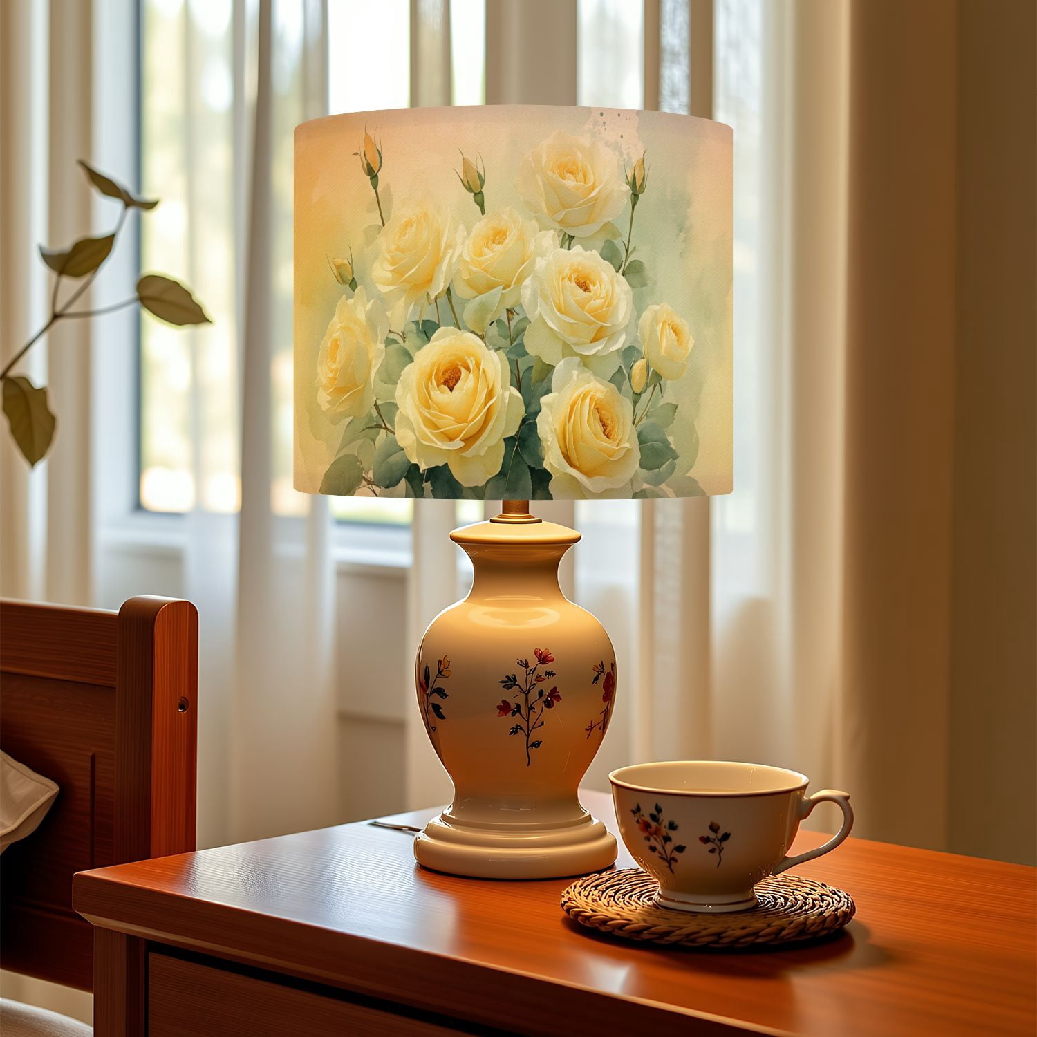 Linen Drum Lampshades Yellow Roses Soft Watercolor Painting Green Leaves Buds 13"x13"x10" Light Shade for Table Lamps Floor Lamp Shades Lampshade Replacement Assembly Required