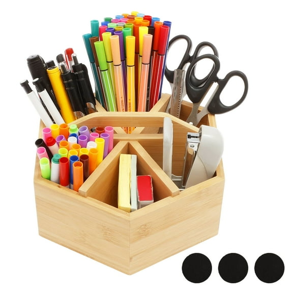 Grusce Wooden Rotating Pencil Pen Holder, Rotating Art Supply Organizer, Hexagon Desktop Pencil Organizer with 6 Compartment and Handle, Crayon Marker Holder Caddy for Colored Pencils, Pen, Markers