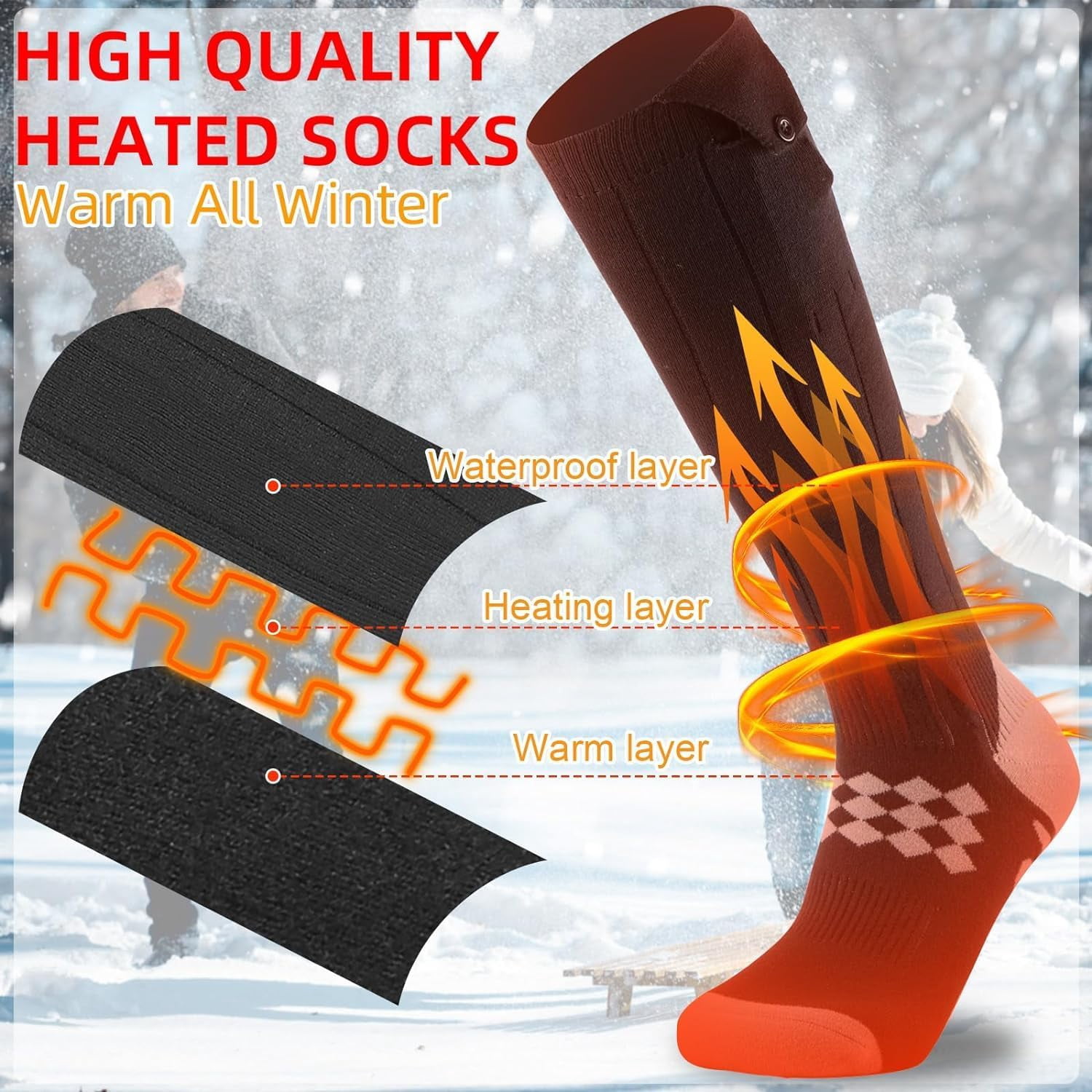 Heated Socks 7500mAh/5V | 2 X Heating Wires | Max. 16.5H, Rechargeable Electric Socks for Men Women 4 Temperature Settings, Machine Washable Warming Socks, Warmer for Whole Soles