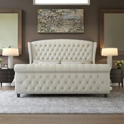 VanAcc King Size Platform Bed Frame, Chenille Upholstered Sleigh Bed Frame with Scroll Wingback Headboard & Footboard/Button Tufted/Cream