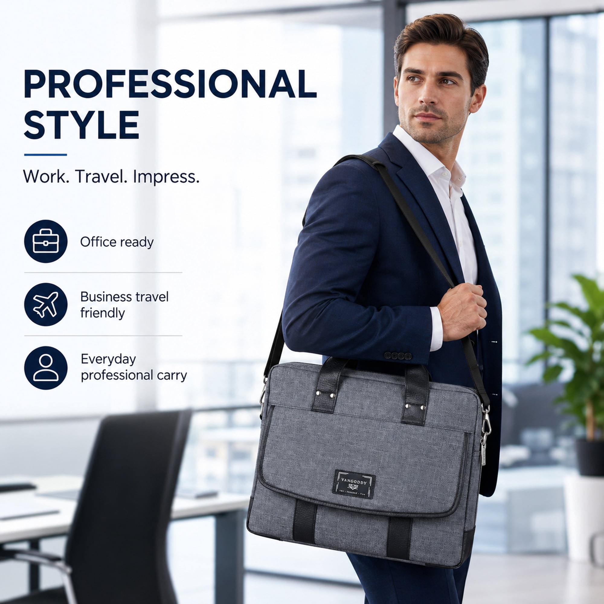VANGODDY 17 Inch Laptop Messenger Bag, Padded Business Briefcase with Shoulder Strap, Travel Luggage Strap, Gray