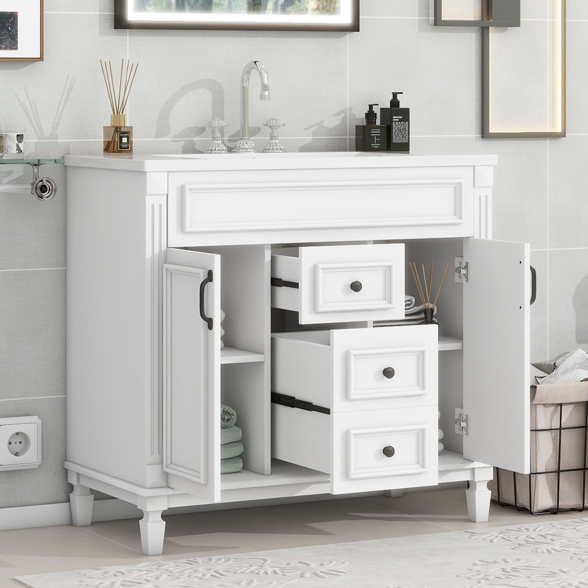 Euroco Modern Bathroom Vanity with Sink – 3-Hole Basin, Concealed Storage, Soft-Close Doors & Drawer – Freestanding Bathroom Cabinet with Water-Resistant Finish, Easy Assembly