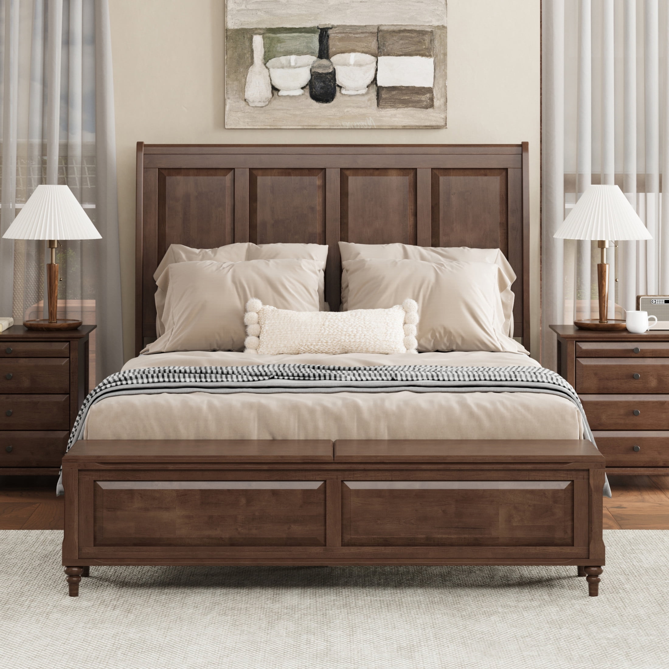 GDF Studio Queen Size Solid Wood Sleigh Bed with Tall Headboard and Storage Bench, Walnut