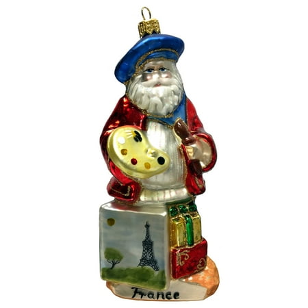 French Santa Painting Eiffel Tower Polish Glass Christmas Tree