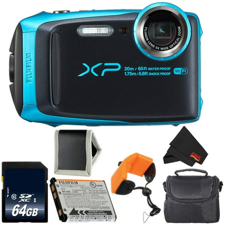 Fujifilm FinePix XP120 Digital Camera (Sky Blue) 600019758 + 64GB SDXC Class 10 Memory Card + FUJI XP RUGGED FLOATING STRAP + Memory Card Wallet + MicroFiber Cloth + Small Soft Carrying Case