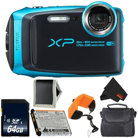 Fujifilm FinePix XP120 Digital Camera (Sky Blue) 600019758 + 64GB SDXC Class 10 Memory Card + FUJI XP RUGGED FLOATING STRAP + Memory Card Wallet + MicroFiber Cloth + Small Soft Carrying Case (Best Rugged Point And Shoot Digital Camera)