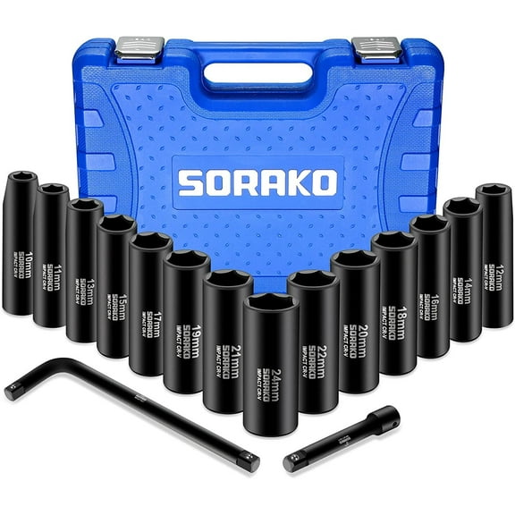 1/2 Impact Socket Set 16Pcs Drive Deep Socket Set & Case,Metric,10-24MM SORAKO