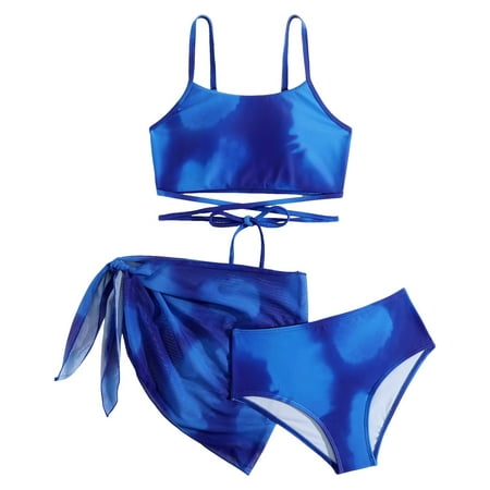 eileial Girl s Cute 3 Piece Spaghetti Strap Color Block Crisscross Bikini Swimsuit with Beach Cover Up(Blue 10-11Y)