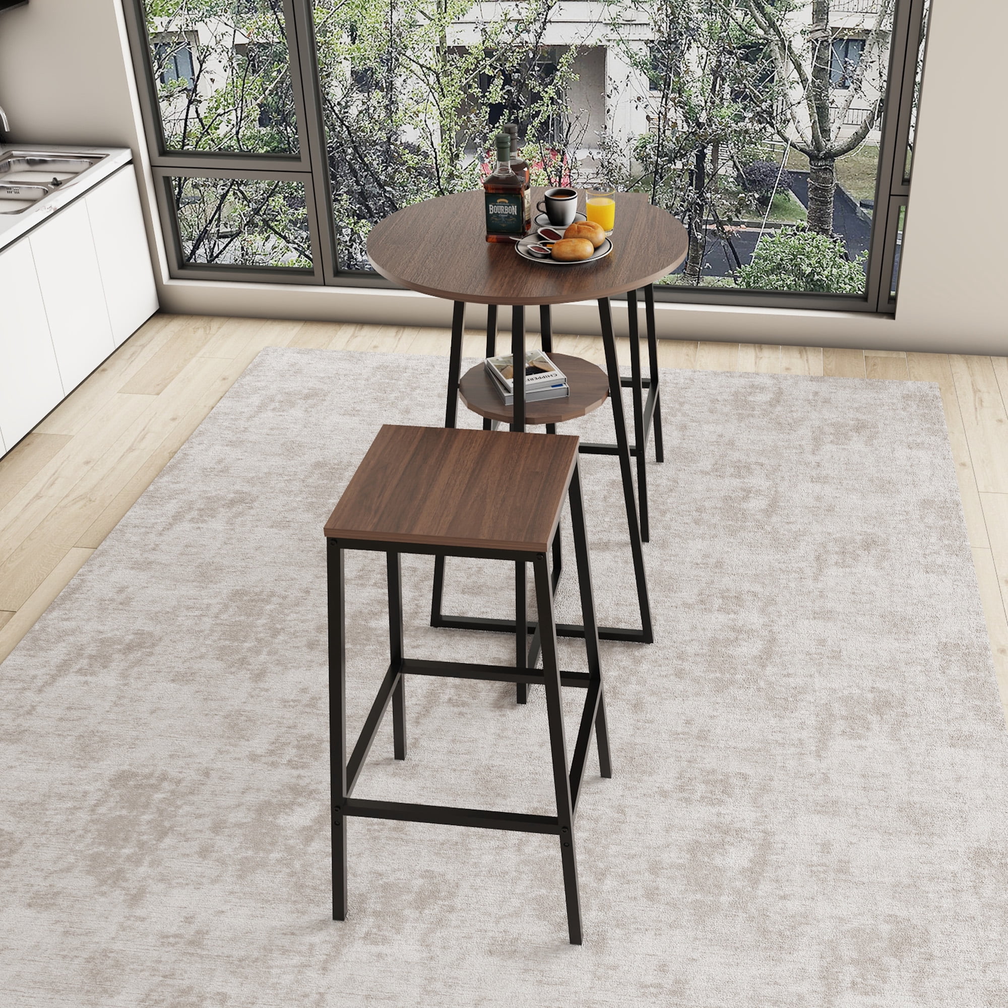 3 Piece Round Counter Height Bar Table Set With 2 Backless Bar Stools, Pub Bistro Table With Middle Storage Shelf, Industrial Wood Frame High Dining Table For Balcony, Kitchen & Small Apartment Home