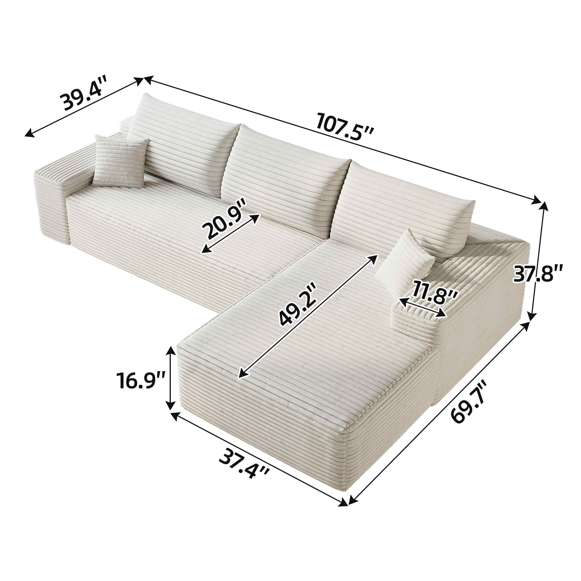 MAYEERTY 107" Cloud L-Shaped Modular Sectional Sofa with Chaise, Plush Corduroy Deep Seat 3-Seater Couch, Sofa for Living Room Bedroom, No Assembly Required, White