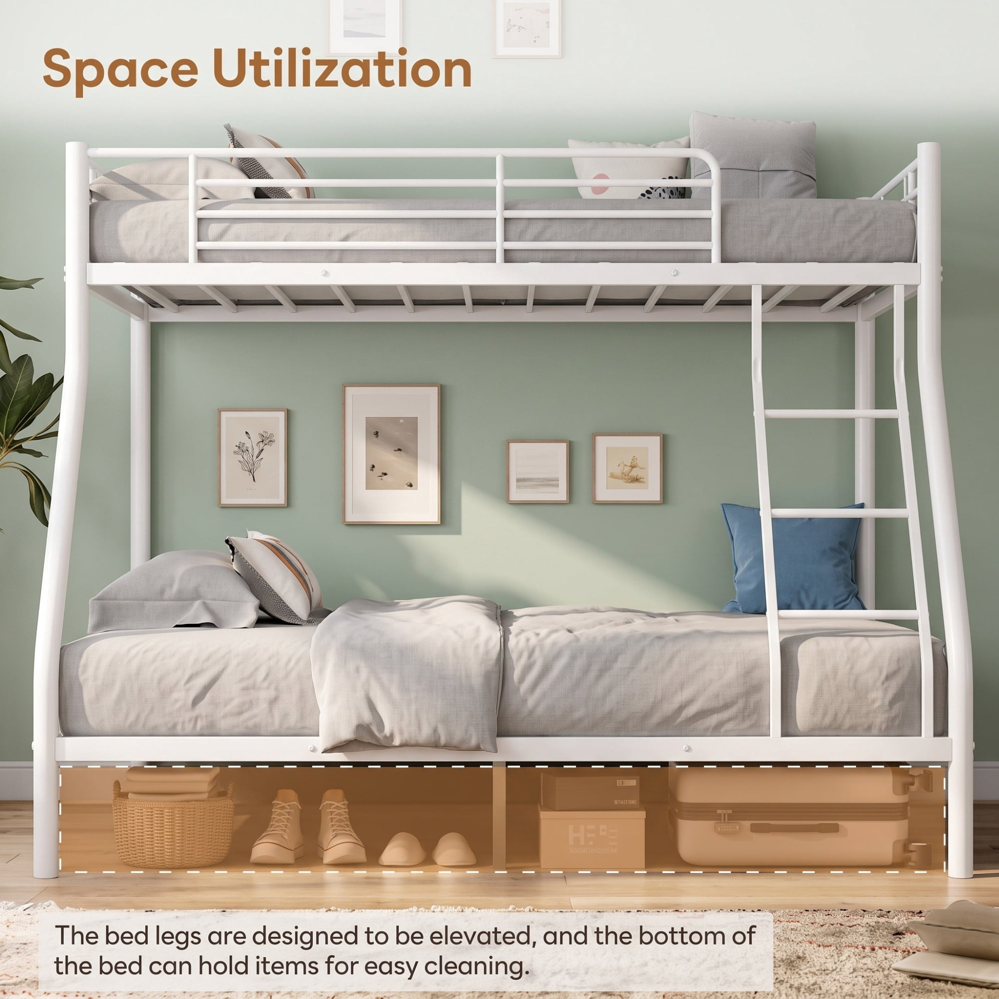 GARITIN Twin Over Full Bunk Bed and Sturdy Metal Bed Frame, Space Saving Bunk Bed with Safety Guardrails and Ladder for Teens Adults Kids and Shared Rooms, No Box Spring Needed, White