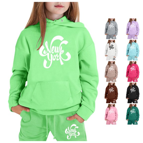 RUTAYY Girls 2 Piece Outfit Long Sleeve Hoodie and Sweatpants Set Letter Print with Pockets for Kids Daily Casual Outfit Light Green