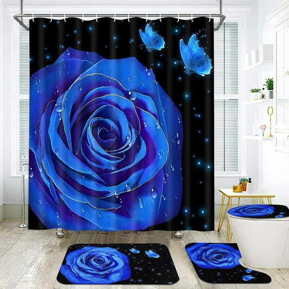 4 Pcs  Kids Shower Curtain Sets with Rugs, Toilet Lid Cover and Bath Mat, Cute Cartoon Bathroom Set with 12 Hooks, Waterproof Fabric Kids Shower Curtains for Bathroom Decor