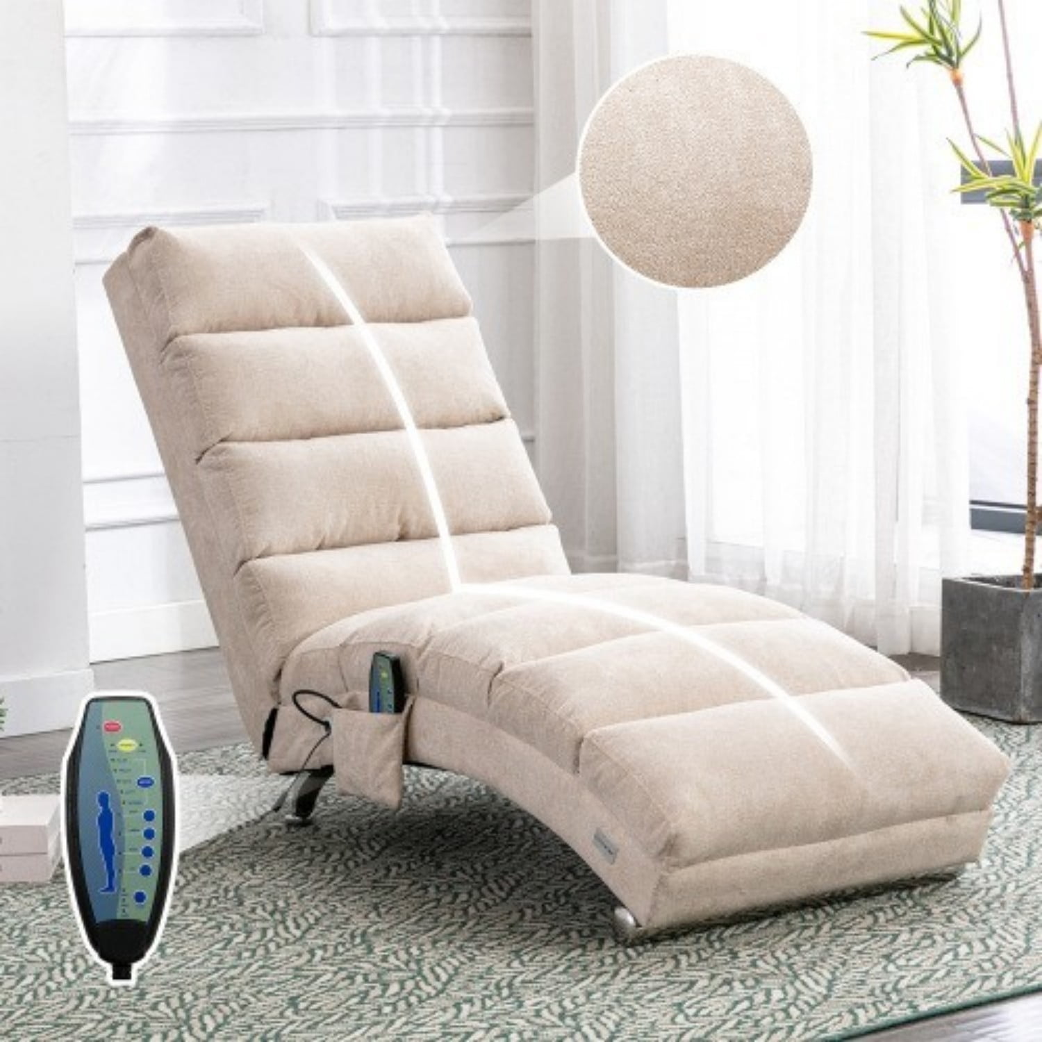 Upholstered Chaise Lounge Chair with Vibration, Modern Fabric Leisure Recliner with Ergonomic Fixed Back, Side Pocket & Lumbar Pillow, 300 lbs Capacity, Beige