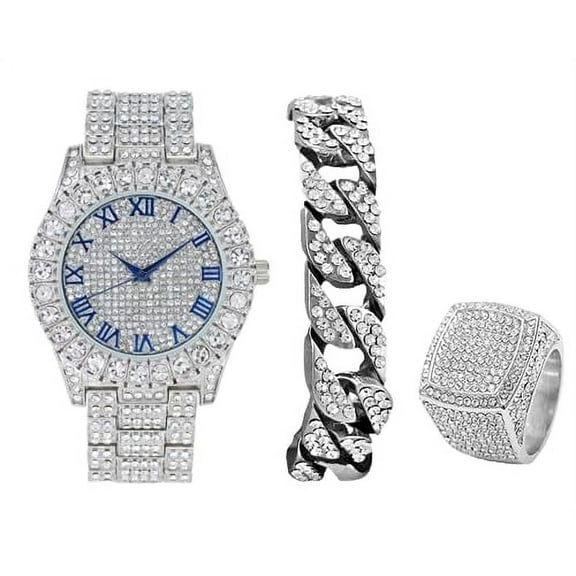 Mens Big Rocks Bezel - Dial with Roman Numerals Fully Iced Out Watch w/Cuban Chain Bracelet & Ring - ST10327-3PC-(9,SLV Blu #R)