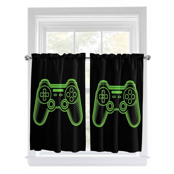 Kitchen Curtains 54 Inches length, Green Game Controller Window Treatment Curtain Drapes, Modern Art Gaming Handheld Black Thermal Insulated Drapes for Basement Hotel RV, 42"x54", 2 Panels
