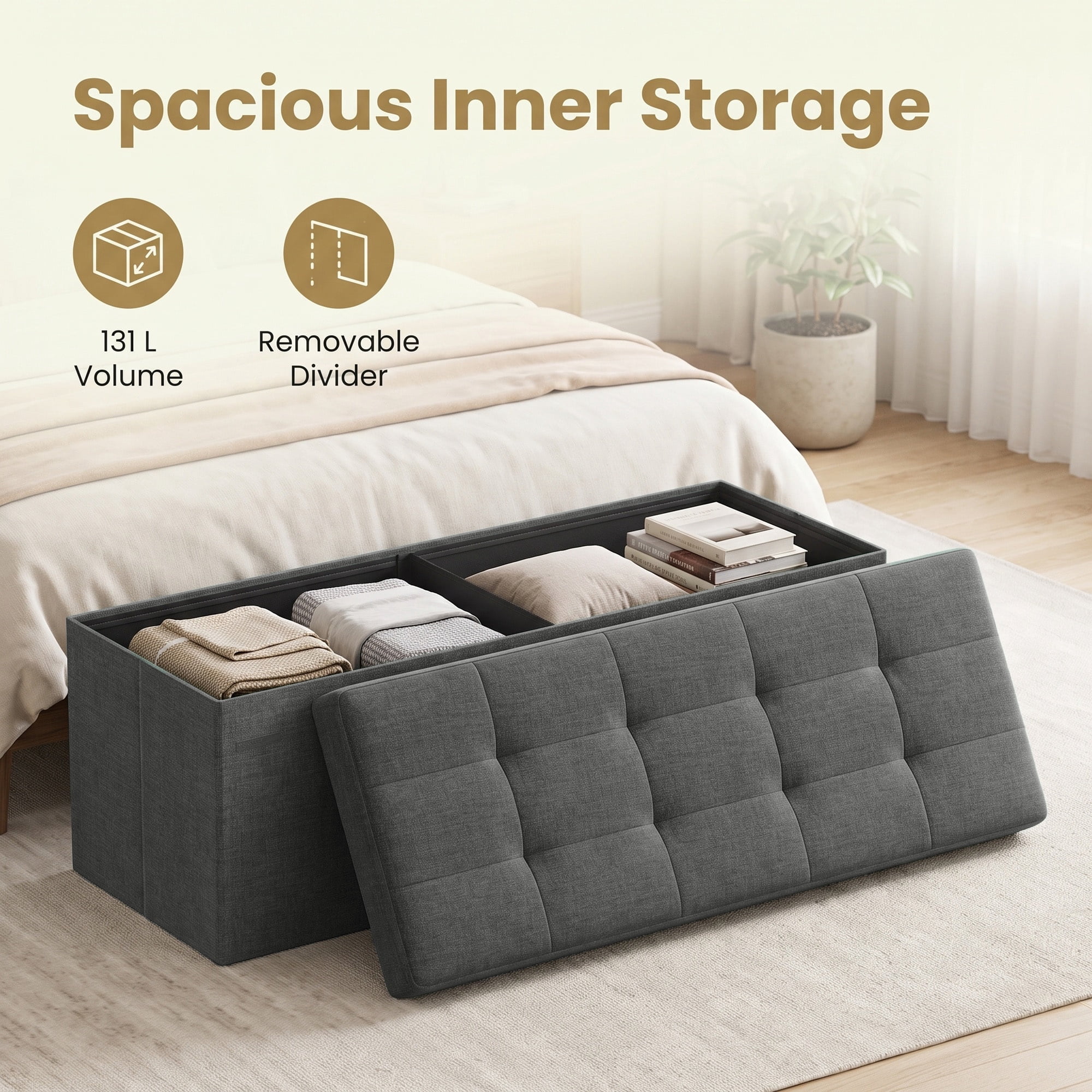 Ledrem Dark Gray Foldable Storage Ottoman Bench with 660lb Capacity, Multi-Functional Footrest and Seat
