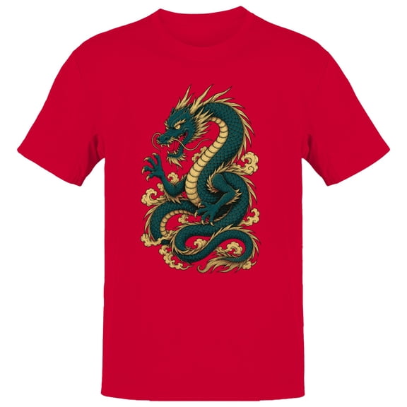 Smartprints Japanese Blue Dragon with Golden Clouds Men's T-Shirt Red, Cotton, S