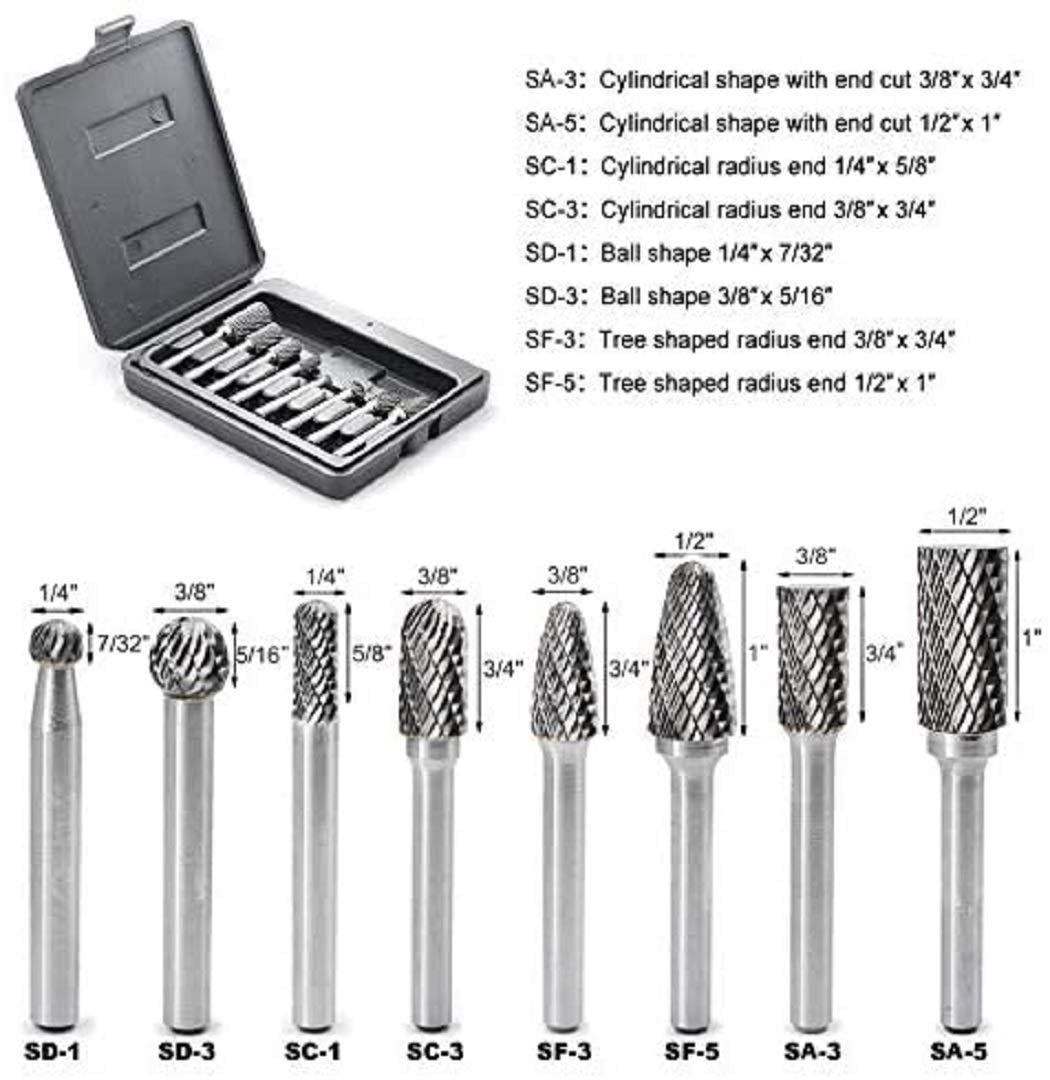 Carbide Burrs Set with 1/4 6.35mm Polishing Drilling Engraving 10pcs Double Cut Solid Carbide Die Grinder Bits for Die Grinder Drill,Metal Carving Shank 