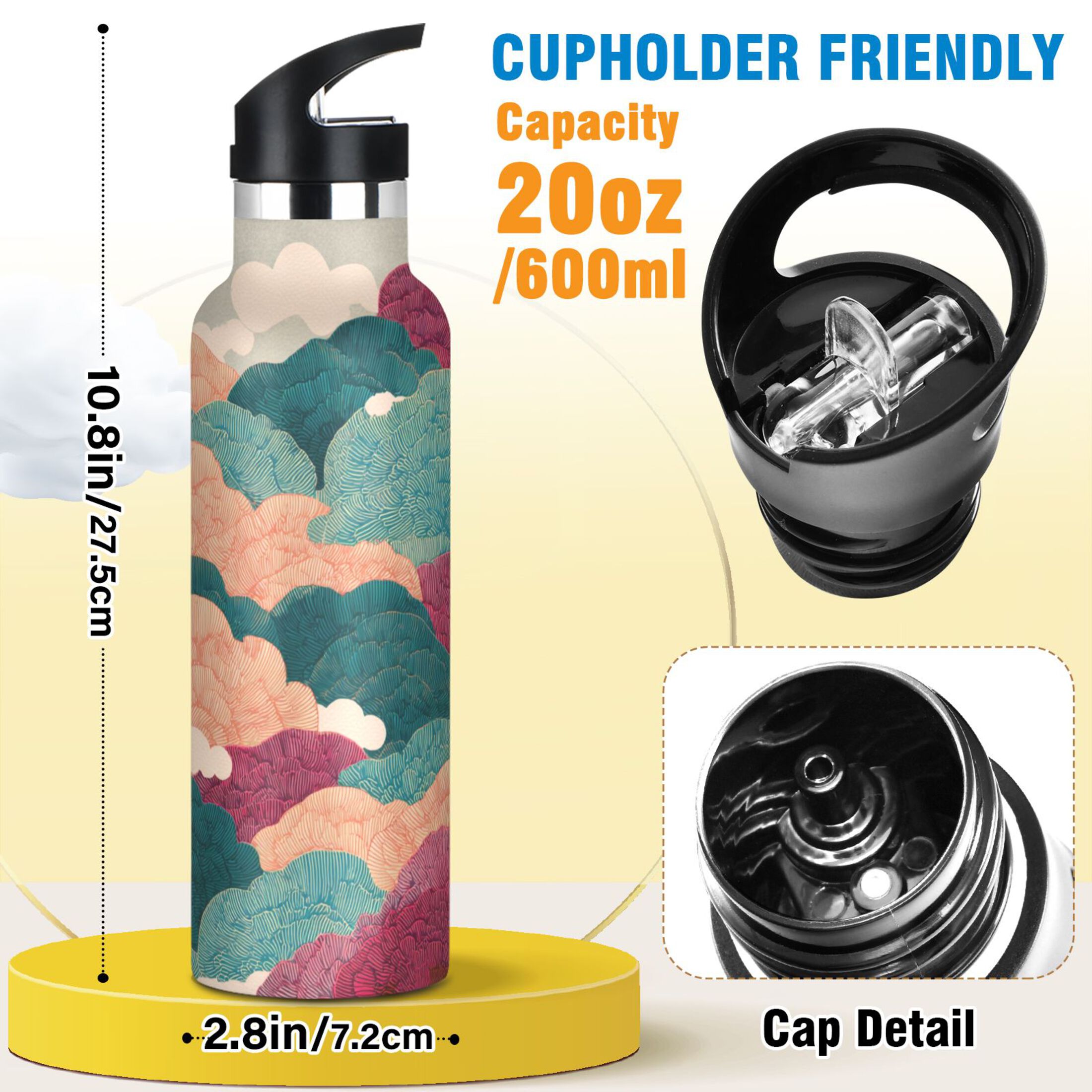 600ML Stainless Steel Insulated Cup Sports Water Bottle Portable Thermos Cup Water Glasses Insulated Tumblers Convenient and Durable Colorful and Beautiful Clouds