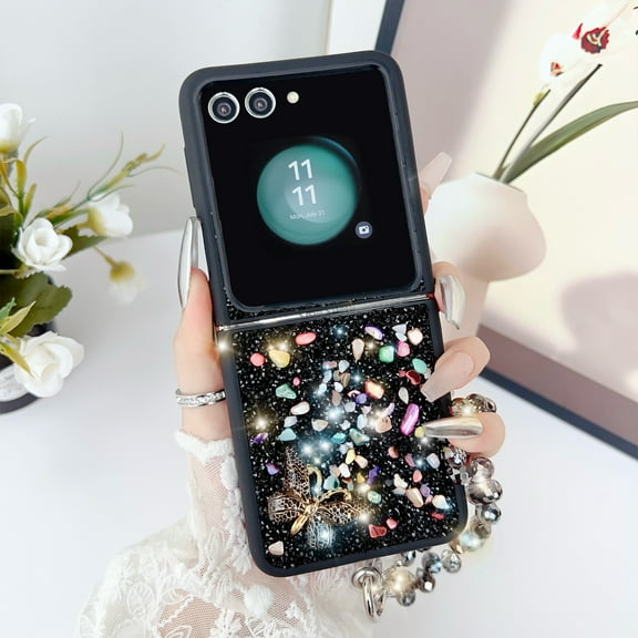 For Samsung Galaxy Z Flip 6 Case, Galaxy Z Flip 6 Cover 6.7", Flash diamond 3D Full Body Gemstone stone butterfly With a bracelet for Women Girls Crystal Anti-Shock Phone Case,Black