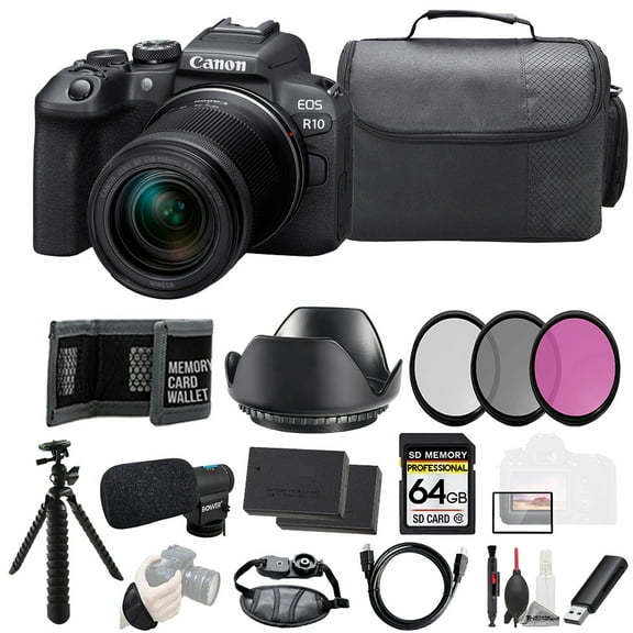 Canon EOS R10 with 18-150mm Lens   Mic  64GB  Ext Bat 3 PC Filter- Kit (International Version)