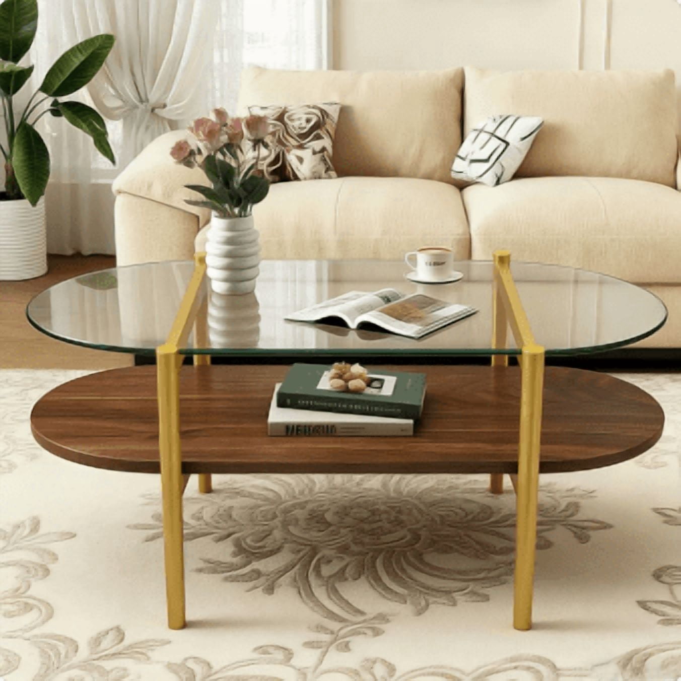 Oval Modern Glass Coffee Table Double Layer Storage Transparent Brown MDF Living Room