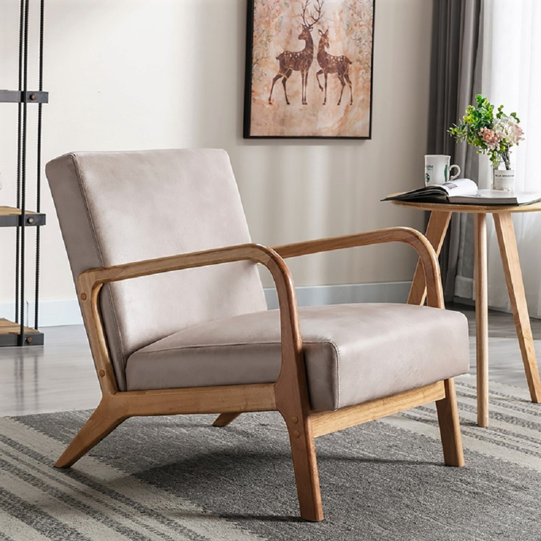 GDF Studio 32.7" Mid-Century Modern Accent Chair with Open Wood Frame, Microfiber Upholstery, Light Camel