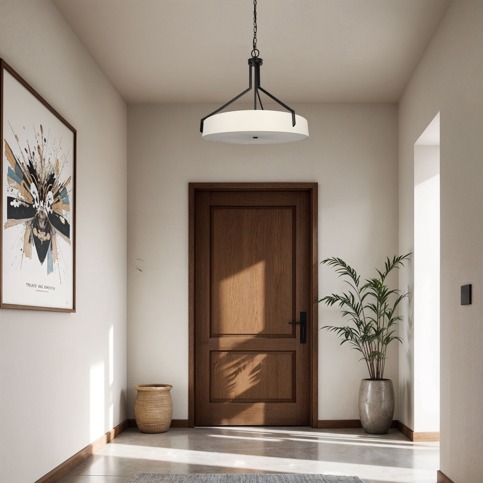 Kenroy Home Thayne 24'' Pendant Light Fixture with Off-White Fabric Drum Shade for Kitchen Table, Bathroom, Foyer, or Entryway, Black