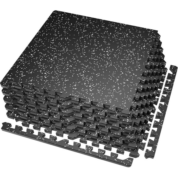 0.56'' Thick 6 Pcs 24 Sq Ft Rubber Top Exercise Equipment Mats, High Density EVA Foam Mats with Rubber Top, Interlocking Gym Flooring for Home Gym, Protective Workout Mat, Black/Grey