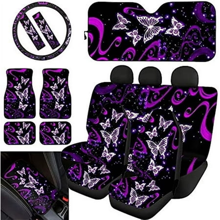 Pzuqiu Butterfly Car Seat Covers and Floor Mats Full Set Front Rear Seat Cover & Steering Wheel Cover,Sunshade,Seat Belt Cover,Armrest Cushion,Car Interior Accessories Set for Women Purple Stripe