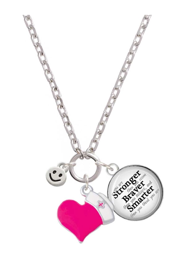 Silvertone Mini Smiley Face - Hot Pink Heart Nurse Strong Zoe Necklace