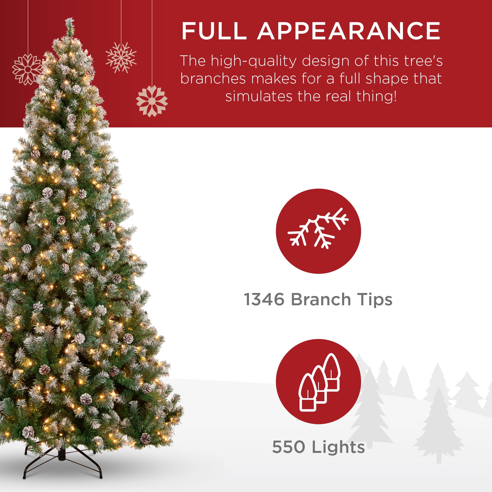 Best Choice Products 7.5ft Pre-Lit Pre-Decorated Holiday Christmas Pine Tree w/ Flocked Tips, 550 Lights, Base - Green